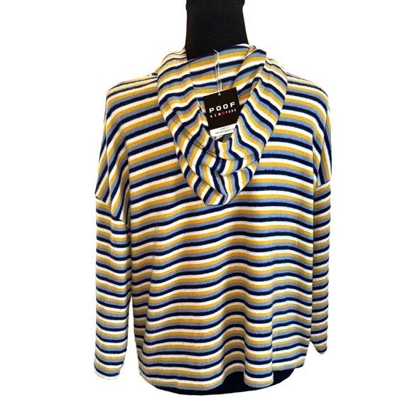 Poof New York Striped Yellow Blue Soft Knit Hoodie L Nautical Casual Travel Top - Picture 4 of 13